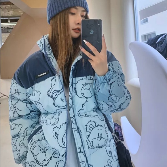 Cartoon Bear Print Oversized Jacket Loose Crop Puffer and Korean Knitted Beanie - Picture 1 of 14